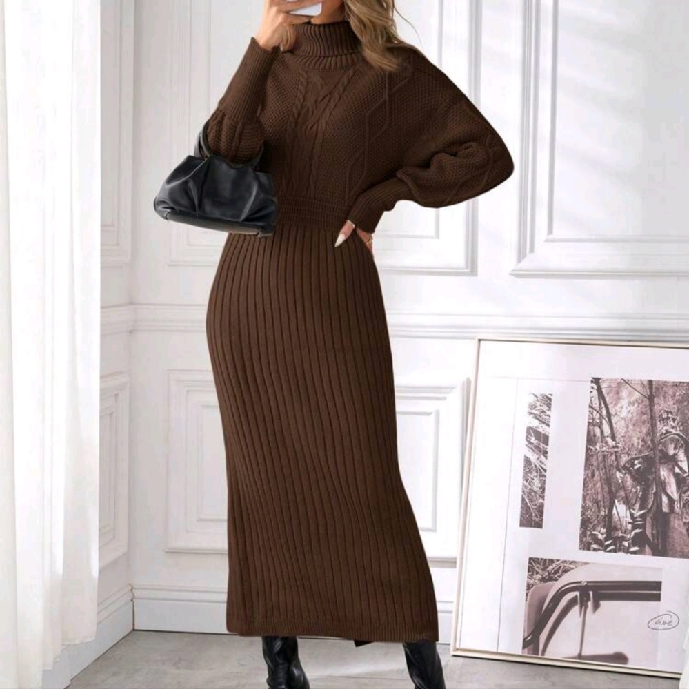 Women's Cable Knit Turtleneck Long Sweater Dress, Suitable For Autumn